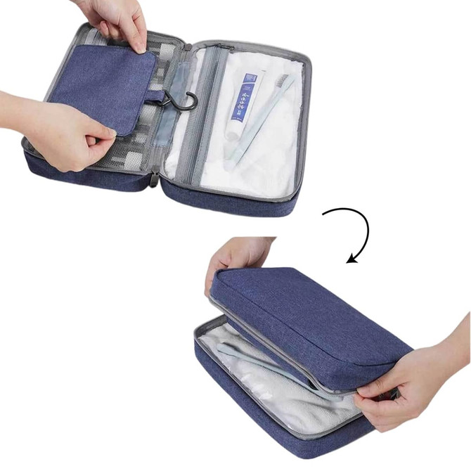 A portable hanging travel toiletry bag in navy blue, featuring multiple compartments, zip closures, and a hook for hanging.