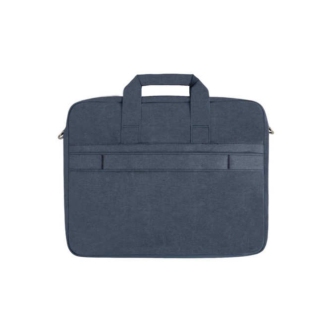 A navy blue laptop bag featuring dual handles and a front pocket, designed to hold a laptop securely.