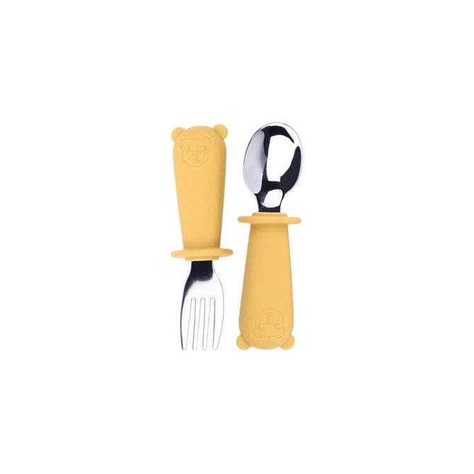 Yellow silicone cutlery set for kids, featuring a fork and spoon with bear-shaped handles. Includes a logo.