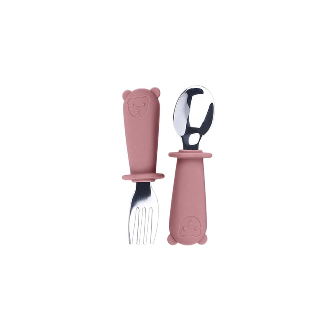 A set of kids' cutlery in pink, featuring a silicone bear-shaped handle with stainless steel fork and spoon.