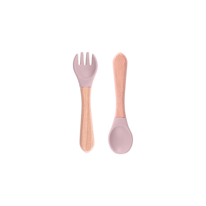 A set of ergonomic silicone kids cutlery featuring a pink fork and spoon with wooden handles.