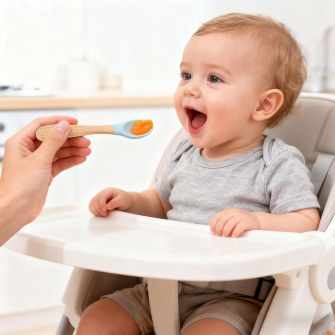A smiling baby in a high chair reaches for a spoon with orange puree. The spoon has a silicone blue tip and wooden handle.