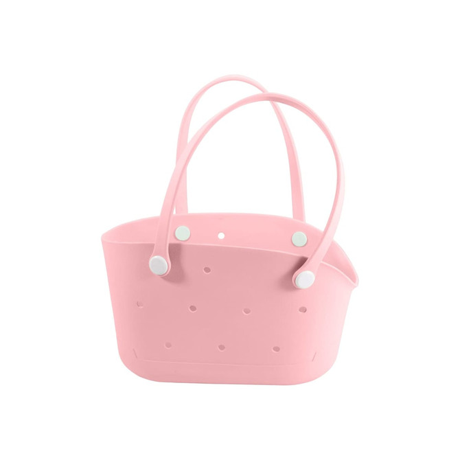 A pink EVA pet bag featuring holes for ventilation and two handles. It includes a logo on the side.