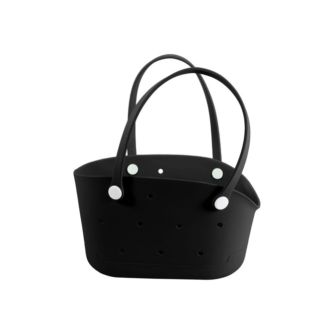 A black EVA tote bag with cut-out holes and two handles, featuring a simple design and a branded logo.