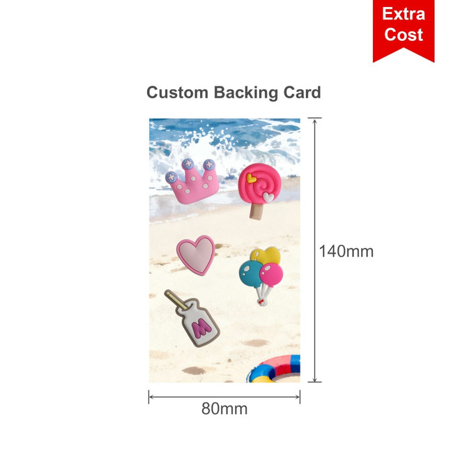 A custom backing card featuring colourful icons like a crown, ice cream, a heart, and balloons set against a beach background.