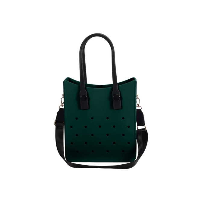 A green EVA tote bag with black handles and a removable strap, featuring holes for ventilation.