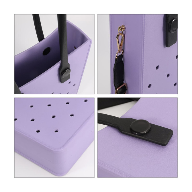 A lilac EVA tote bag featuring a perforated design and black straps, displaying various angles of the bag.