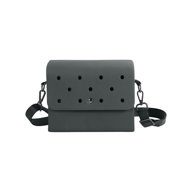 A grey EVA Holes Briefcase featuring a flap closure, a dotted design, and an adjustable strap.