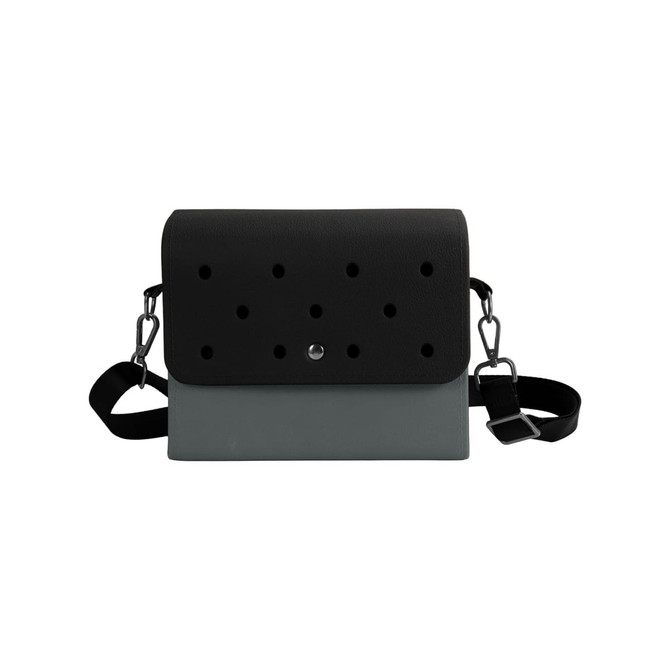 A briefcase in black and grey with a perforated front, featuring an adjustable strap and a button closure.