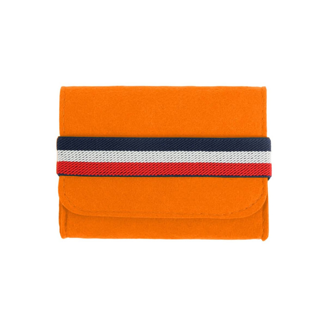 An orange felt travel organiser with a striped elastic band in navy, white, and red. It features a clasp closure.