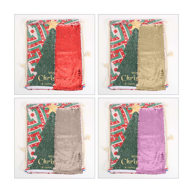 A sequin drawstring bag in four colour variations: red, gold, silver, and purple, featuring a festive Christmas design.