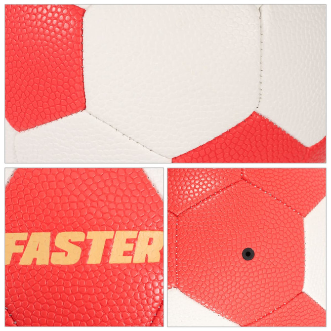 A machine-stitched PU handball featuring a red and white textured surface with a branding logo.