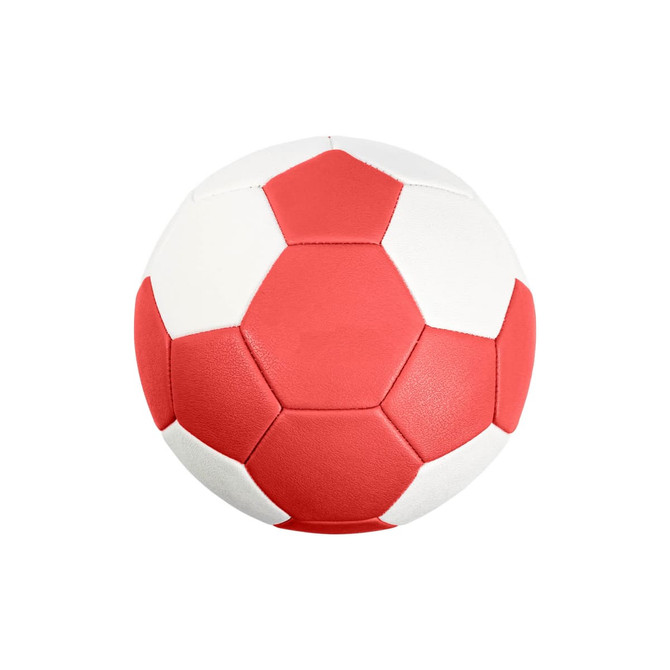 A handball with red and white panels, featuring a hexagonal design and a logo.