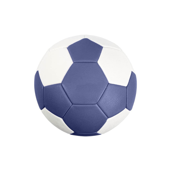 A machine-stitched handball in purple and white, featuring a classic hexagonal pattern and a logo.