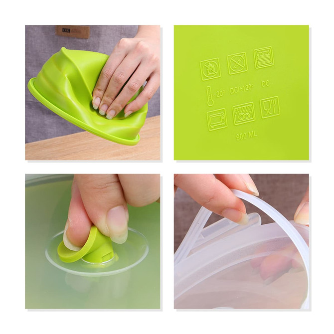 A green collapsible silicone food storage container with a hand holding it and markings on the top.