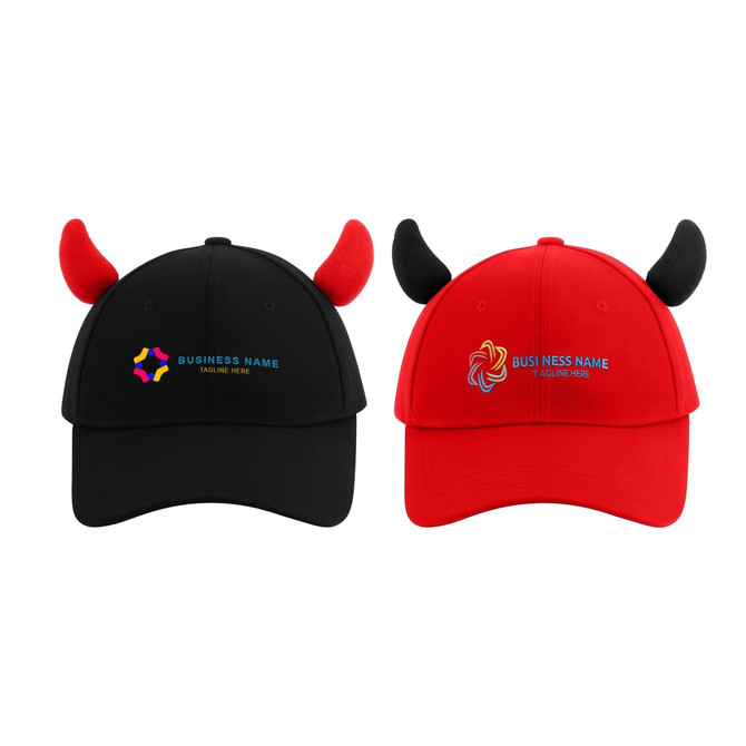 A black and a red baseball cap with horn-shaped accents and branding on the front.