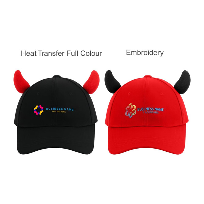 A black and a red baseball cap featuring devil horns and a logo on the front.