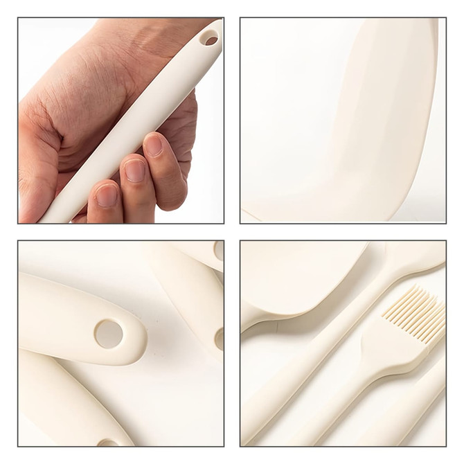 A collection of cream-coloured silicone kitchen utensils, including a spatula, brush, and various handles, with one held in a hand.
