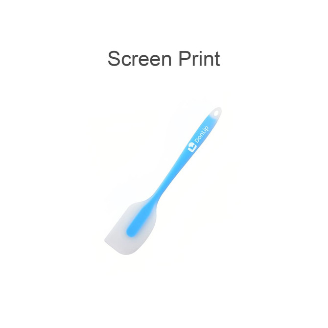 A silicone spatula with a blue handle and a white spatula head, featuring a logo.