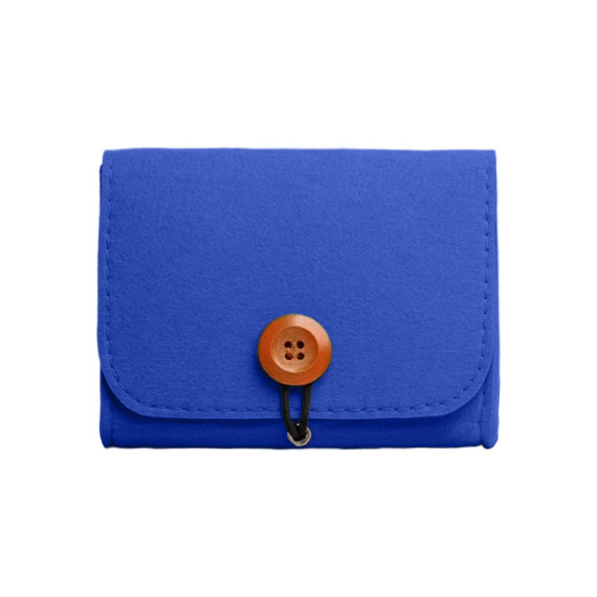 A blue felt essential oil bag with a wooden button closure. It has a simple and compact design.