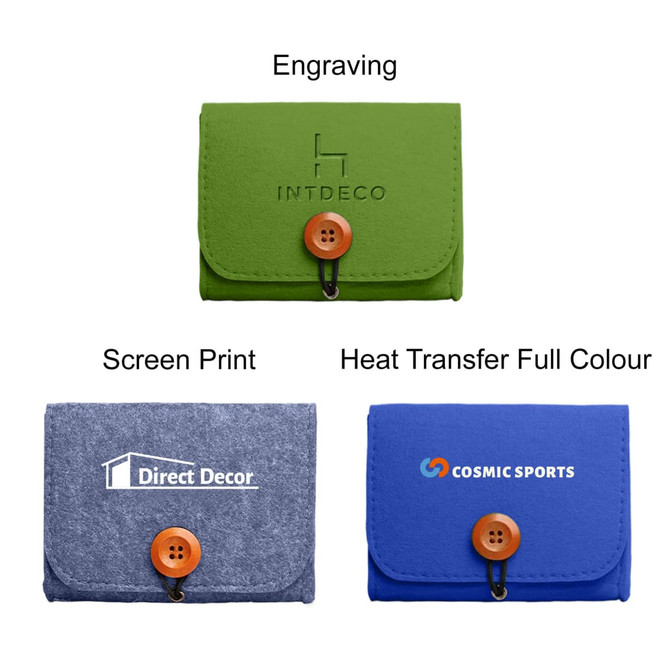 A green, grey, and blue felt essential oil bag with buttons and logos displayed on each.