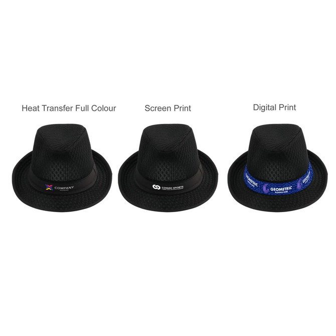 A black mesh breathable top hat featuring different printing options and designs along the band.