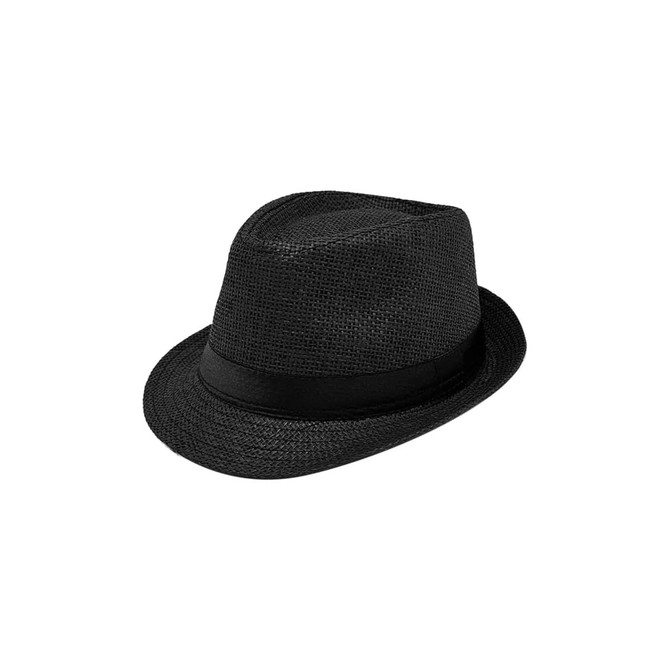 A black straw hat with a narrow brim and a decorative band, featuring a woven texture.