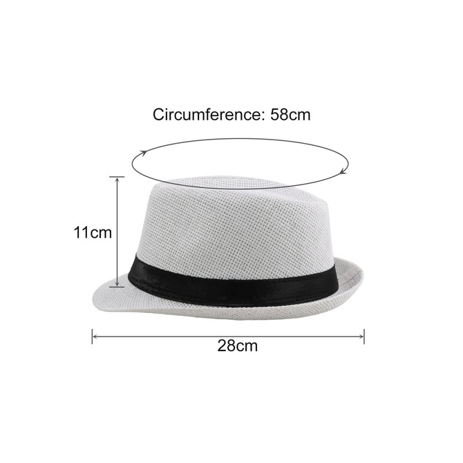 A white straw hat with a black band, featuring dimensions of 58cm circumference and 11cm height.
