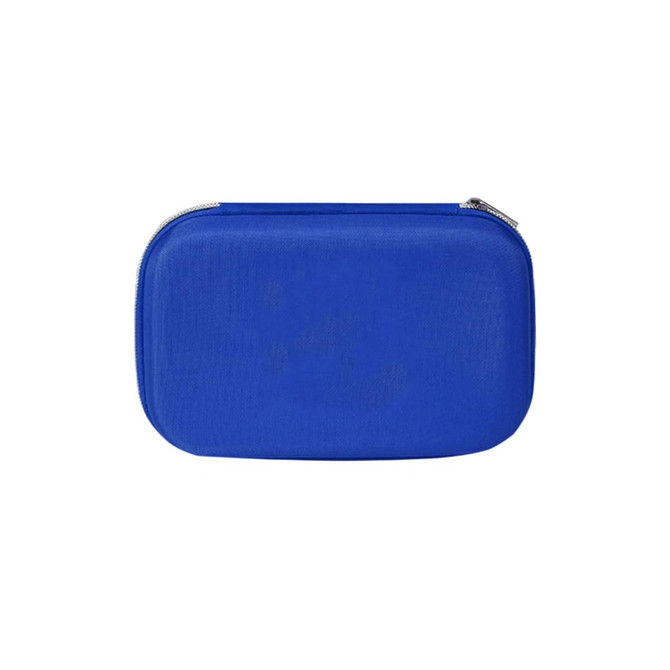A blue hard shell case with a zipper, designed for holding first aid supplies, featuring a logo.