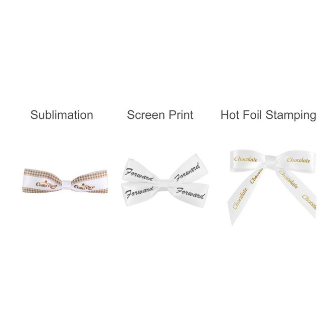 Three types of twist tie bows in white and patterned designs, featuring various decorative prints.