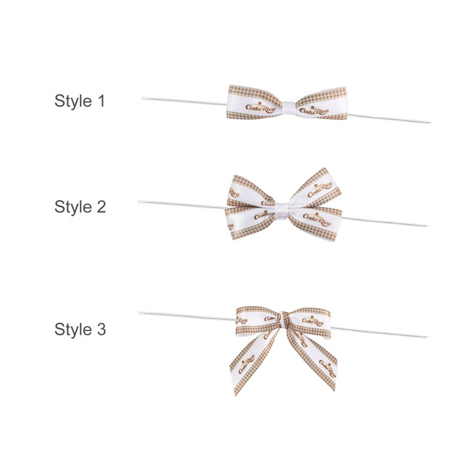 Three styles of Twist Tie Bows in white with a checked pattern, featuring a logo, displayed on a white background.