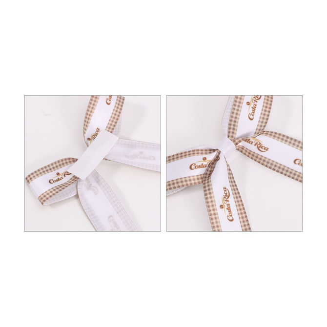 Adhesive bows in white with a checkered pattern and brand logo, designed for easy application on gifts.