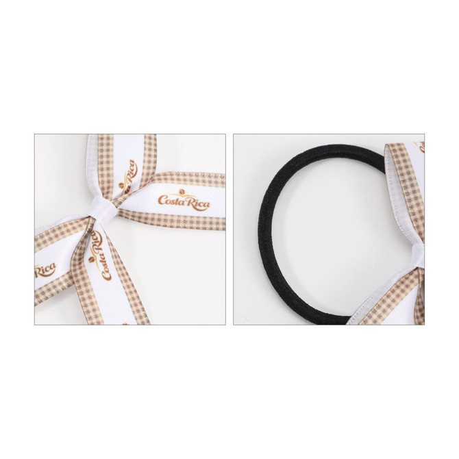 Elastic hair bows in a checkered pattern with a white ribbon and a black elastic band, featuring a small logo.