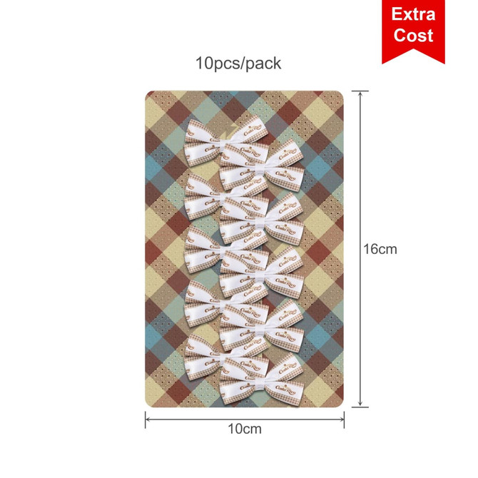 A pack of 10 elastic hair bows with a patterned backing, featuring a mix of colours including cream and brown.
