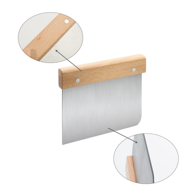 A beechwood handle flour cutter with a stainless steel blade, featuring a rounded edge and a logo on the handle.