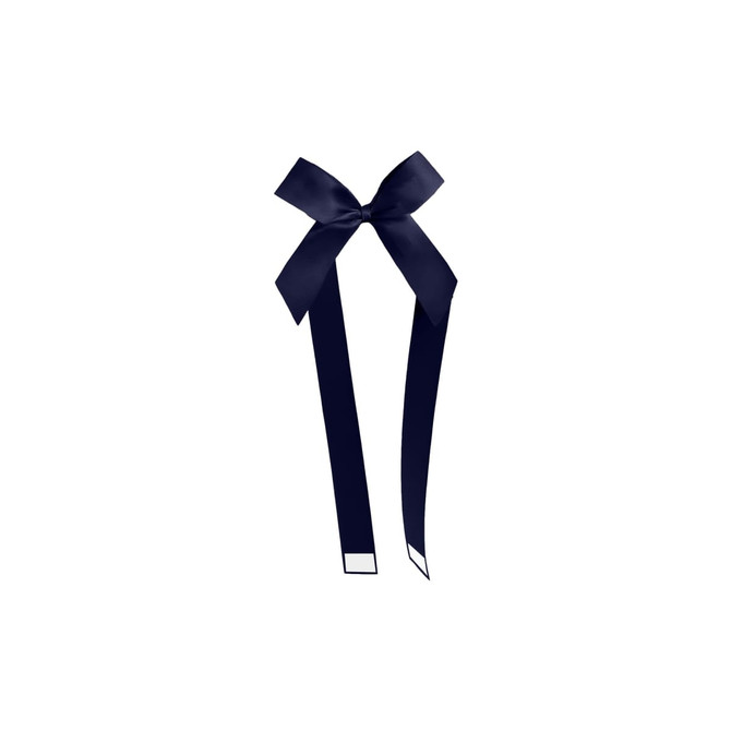 A navy blue adhesive ribbon bow with two long trailing ribbons. It features a logo on the design.