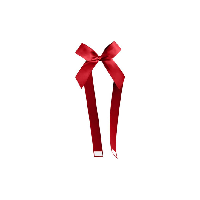 A vibrant red adhesive ribbon bow featuring long tails, suitable for decorative use. The bow includes a logo.