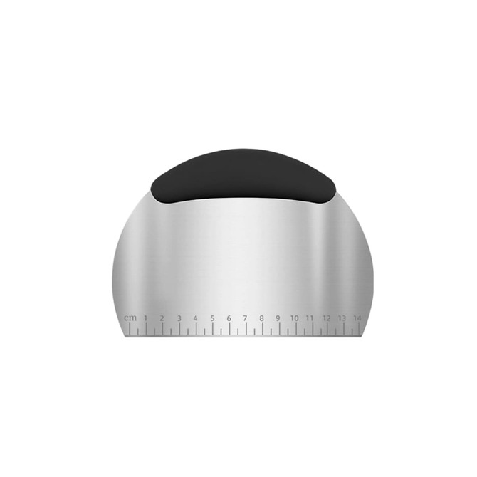 A flour cutter with measurements, featuring a stainless steel blade and a black ergonomic grip.