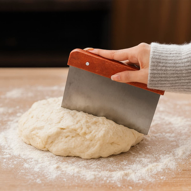 A stainless steel dough scraper with a wooden handle is being used on a flour-dusted surface.