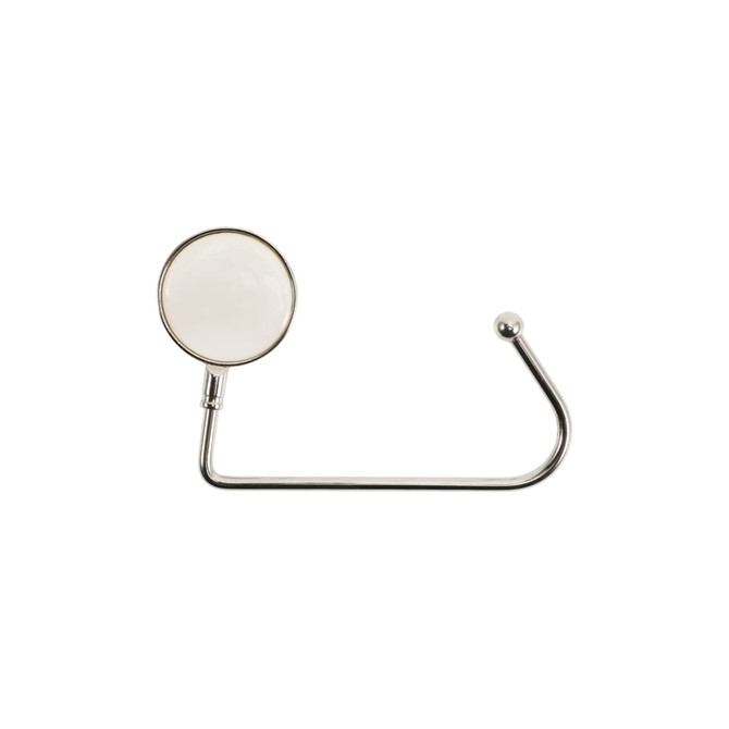 A round, white straight desk hook with a shiny metal base and a small ball at the end.
