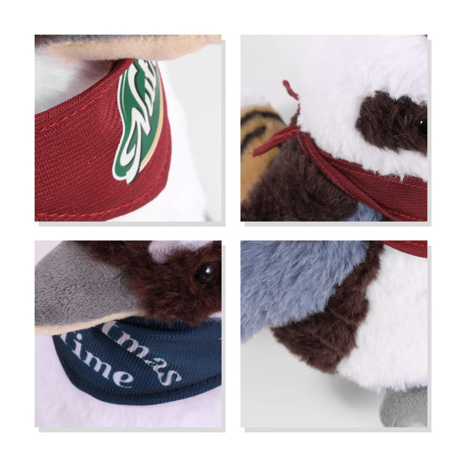 A Kookaburra plush toy featuring soft textures, with brown, white, and grey colours, and a branded collar.