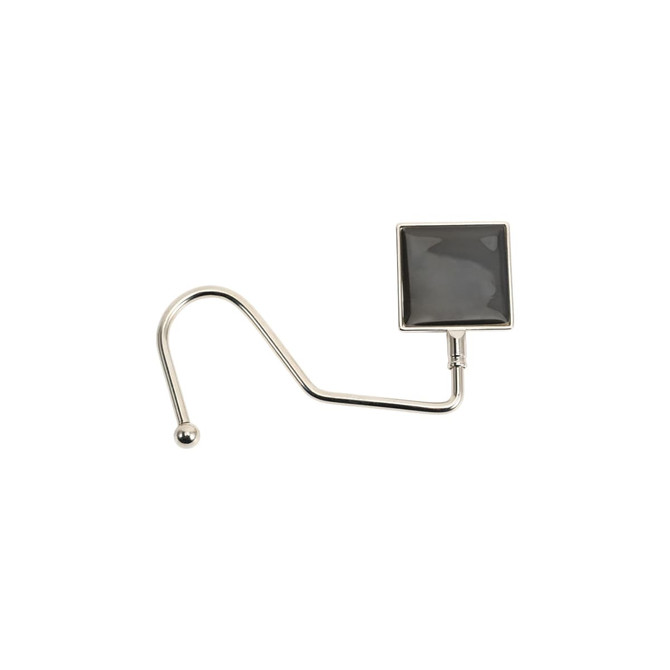 A silver desk hook with a square black top and a curved hook design. It features a round ball at the end.