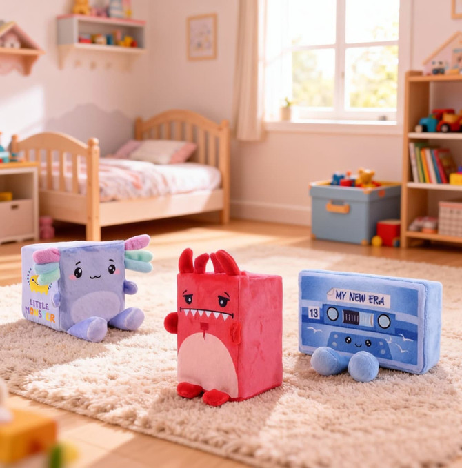 A set of three plush toys in pastel colours: a purple creature, a red creature, and a blue one with a cassette design.
