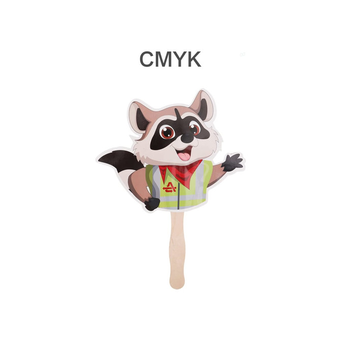 A custom-shaped paper hand fan featuring a cartoon raccoon with a cheerful expression, in vibrant colours.