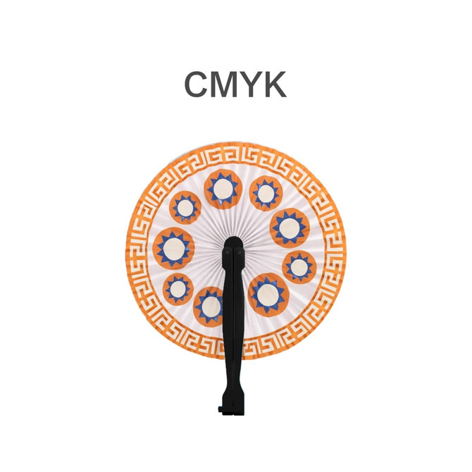 A round plastic paper fan with an orange and blue geometric design and a black handle.
