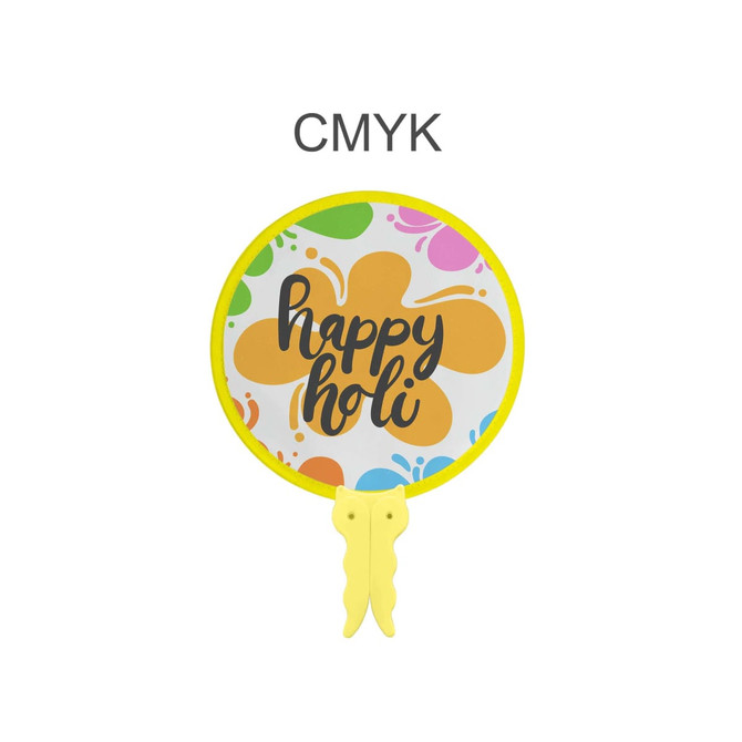A 20cm foldable fan with a vibrant floral design in yellow and pastel colours featuring the words "happy Holi."