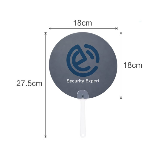 A round grey hand fan with a white handle. It features a logo and the text "Security Expert".