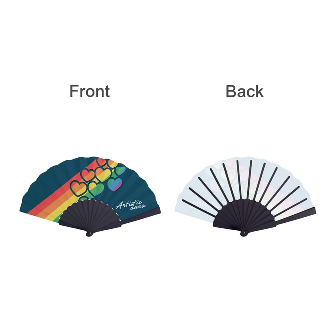 A paper hand-held fan featuring a multicoloured design with hearts on one side and a plain back. It has a logo.