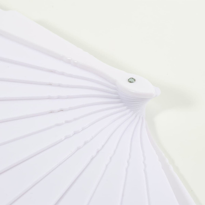 A fabric hand-held fan in white, featuring a simple design with ribbed detailing and a decorative hinge.