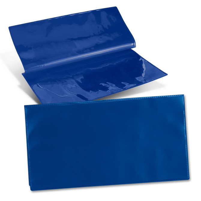 A blue vinyl travel wallet with an open and closed view, featuring a glossy finish and a logo.
